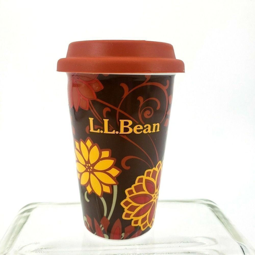 L.L. Bean Travel Coffee Tea Mug Double Walled Ceramic 12 oz‎ Fall Flower Floral
